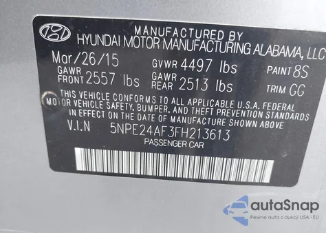 2015 Hyundai Sonata Se z USA, uszkodzony, nr VIN 5NPE24AF3FH213613